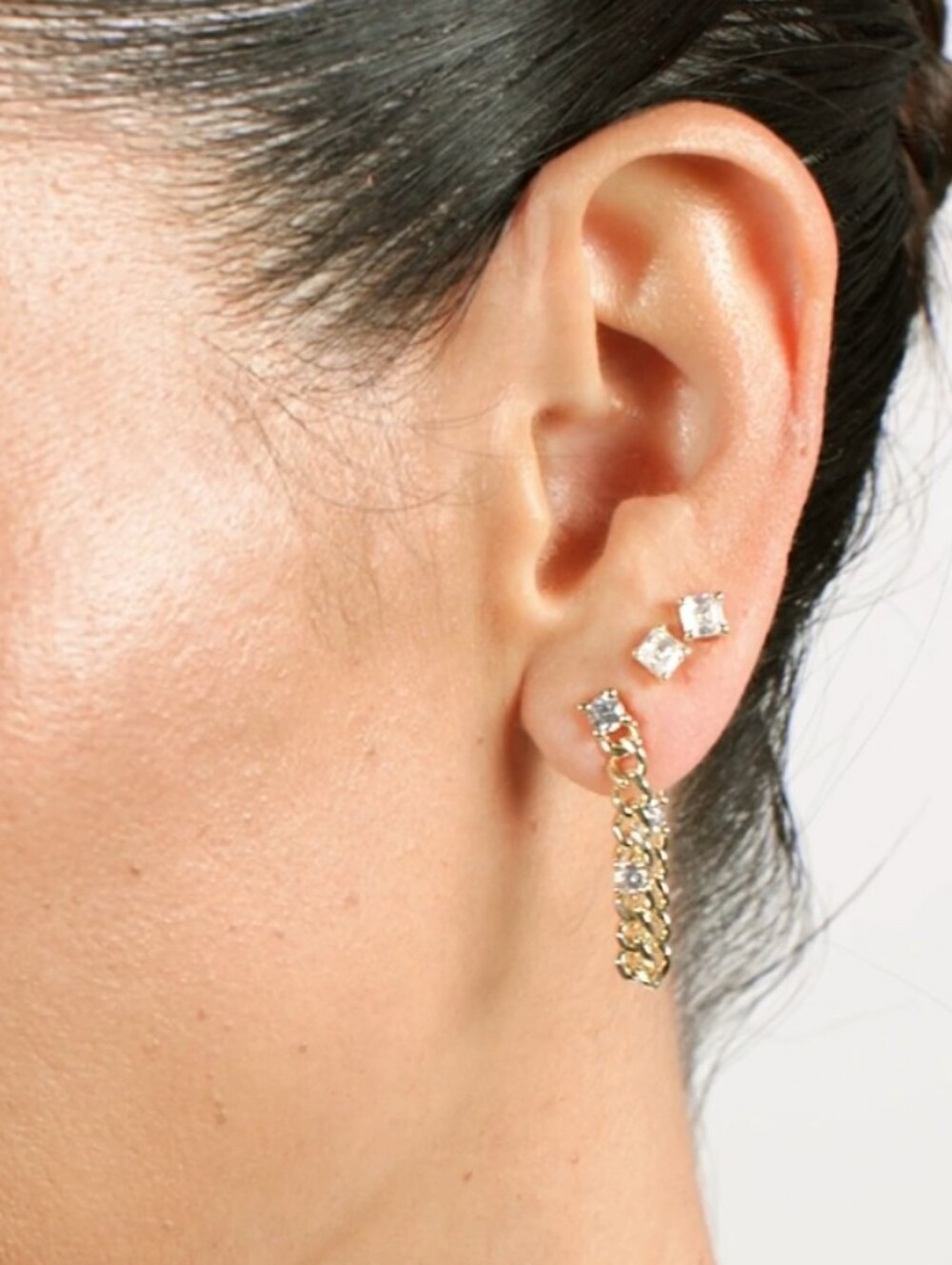New! Julian Triple Diamond 4mm Gold Soft Chain Hoops - Picture 2 of 5